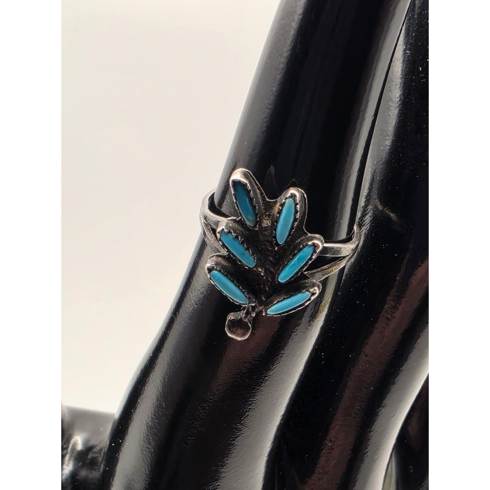 Vintage Sterling Silver Turquoise‎ Needlepoint Leaf Ring Size 5.5 Southwestern